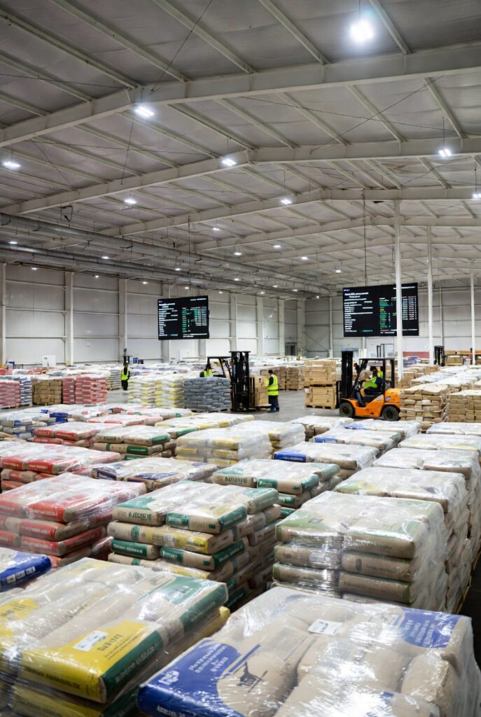 Mid South Feeds warehouse with stacked bags of animal and livestock feed, staff managing inventory, and distribution equipment showing a professional feed supply network.