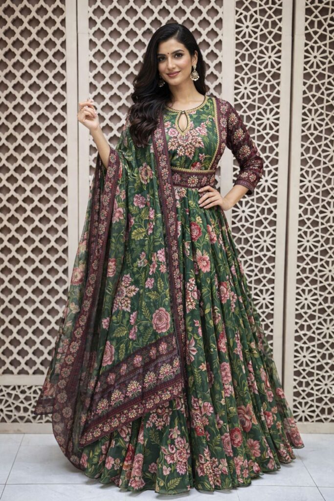 A woman models a floor-length forest green Anarkali gown featuring rose prints, a keyhole neckline, and a matching dupatta.