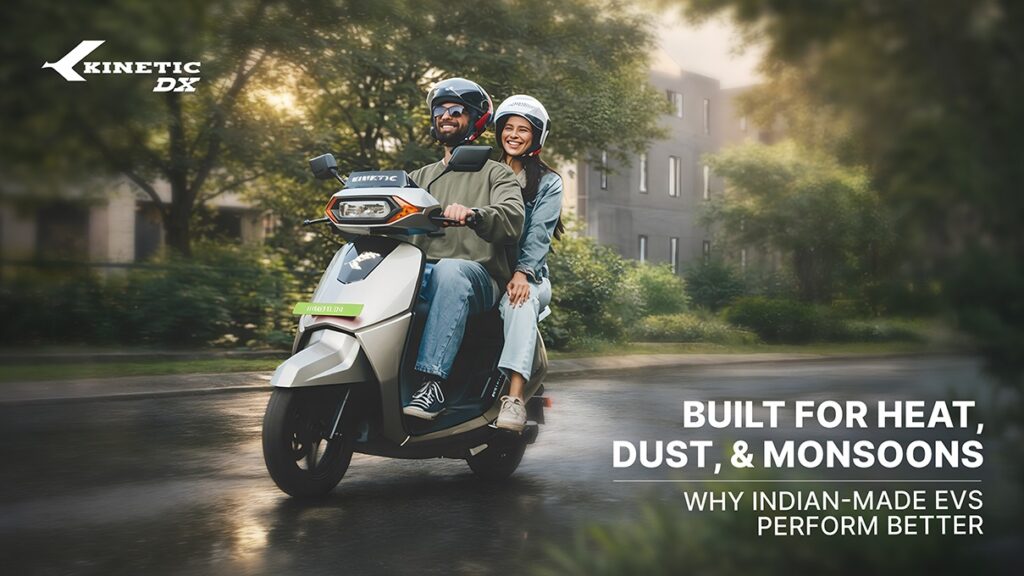 Couple riding Kinetic DX electric scooter on a city road designed for Indian weather conditions including heat, dust, and monsoons