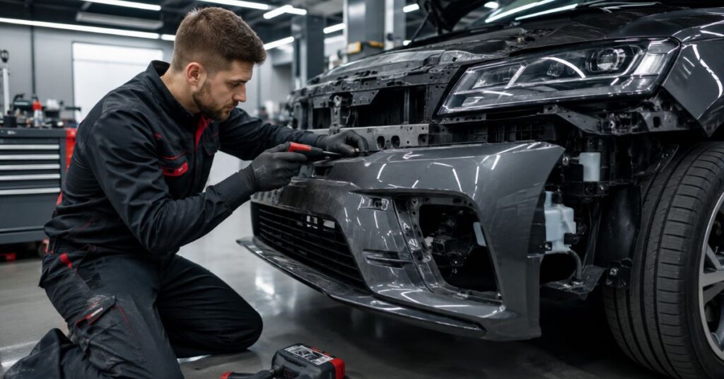 Professional technician repairing a damaged car bumper in a modern body repair workshop