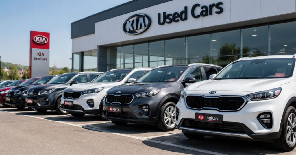 KIA used cars displayed at a dealership for buyers researching reliable second hand KIA vehicles