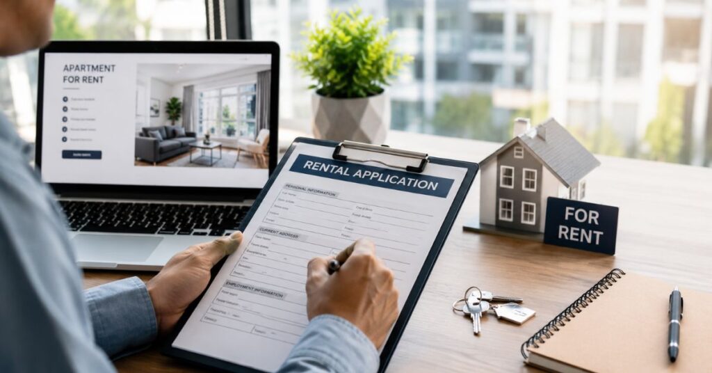 Tenant completing registration paperwork to secure a rental property